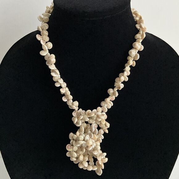 Beige-tonal Continuous Tiny Sea Shell Beaded Pearlescent Necklace 16” - Picture 3 of 9